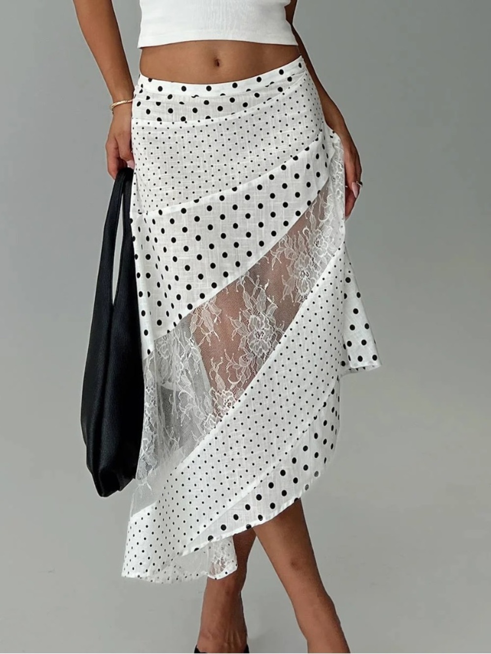 Princess Polly Rennar Polka Dot Lace-Inset White/Black Maxi Skirt | 8